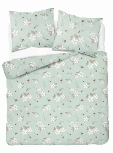 5632 B Pościel flanelowa Pastel Flowers Detexpol miętowa w białe kwiaty i liście- ciepła, miękka i elegancka
