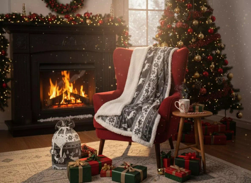 Koc świąteczny SACO popielaty – miękki i ciepły z reniferami i choinkami w ozdobnym worku