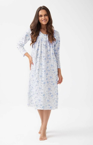 338 Koszula nocna Luna niebieska – bawełniana w roślinny wzór, długa z guzikami