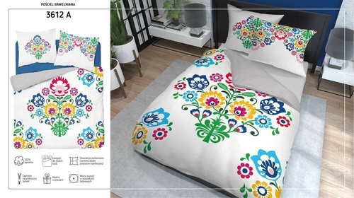 3612 A Pościel bawełniana Łowicka wycinanka kwiaty kurpiowska Detexpol biały/szary
