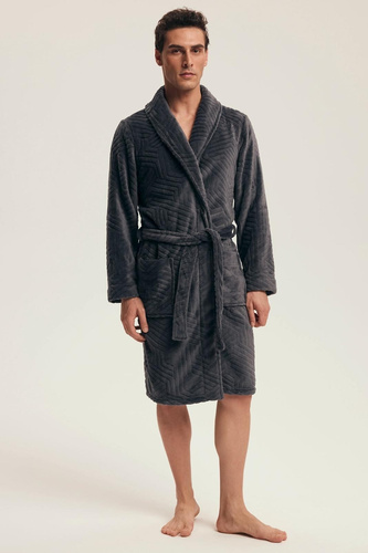 Szlafrok męski Henderson 43379 Nandu szary –wiązany w pasie, długość przed kolano