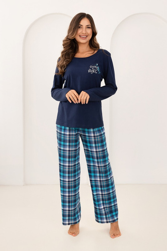 Piżama damska Regina 743  granatowa– bawełniana, dł. rękaw, nadruk, spodnie w kratę