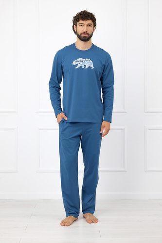 Piżama Męska Italian Fashion Kasim 100% Bawełna Długa Miś Kieszenie- jeansowa