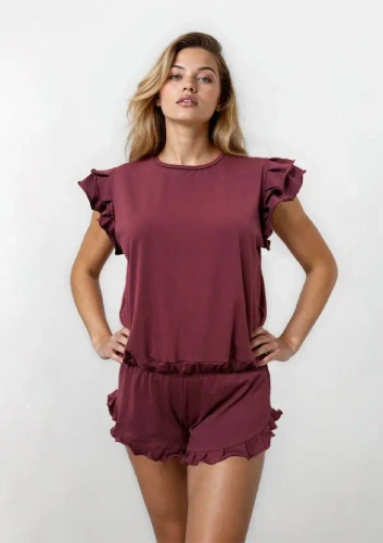 Komplet Lulu 2 Dkaren piżama damska bawełna falbanki komfort- bordowy