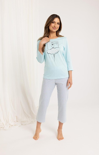 716 Piżama damska Regina turkusowa  – bawełna, rękaw 3/4, spodnie 7/8 we wzory