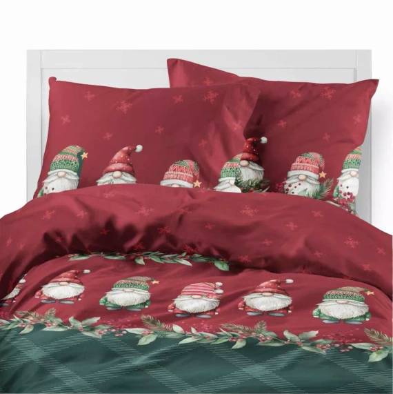 5618 B Magia Świąt Pościel flanelowa świąteczna Detexpol w skrzaty na bordowo-zielonym tle– bawełna 100%, 160 g/m², zamek, OEKO-TEX®