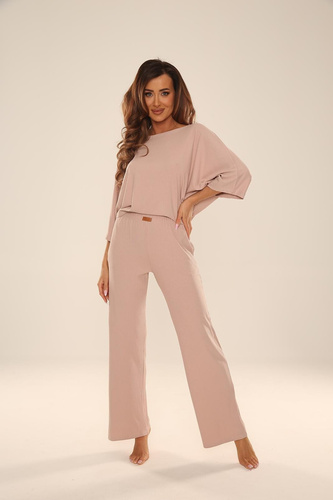De Lafense 057 Sienna komplet damski homewear z wiskozy prążkowanej-piaskowy