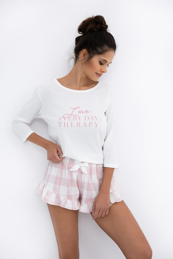 Emily Sensis – Piżama damska z bawełny | Koszulka 3/4 i szorty w kratkę z falbanką