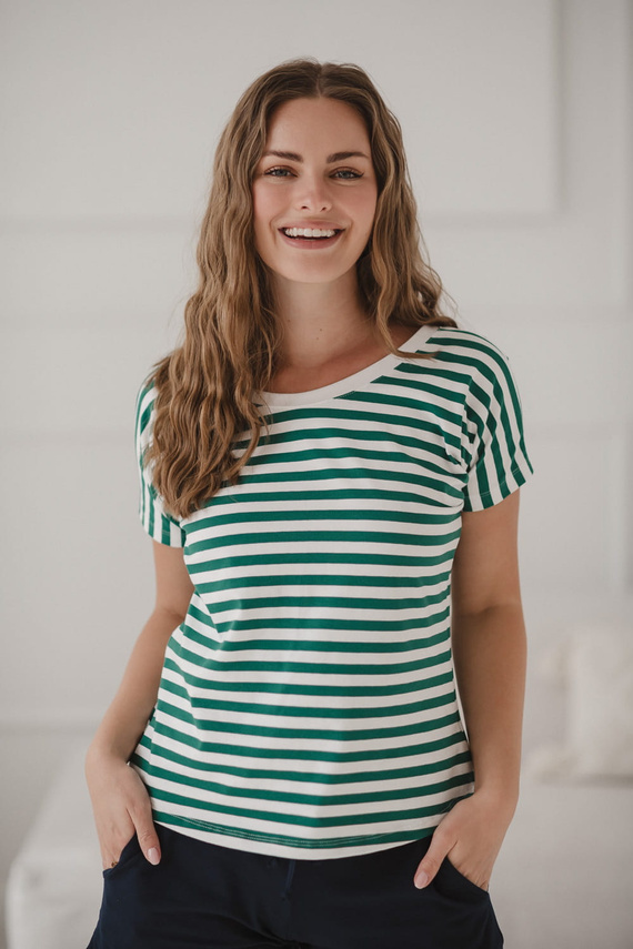 Two Ways Dwustronna bluzka ciążowa i do karmienia | Krótki rękaw, komfortowa Milk&Love zielono-białe paski