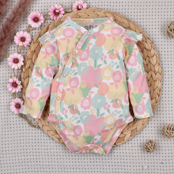 ABK-0052 Komplet niemowlęcy NINI Colorful Fruits organic bawełna body półśpiochy czapka