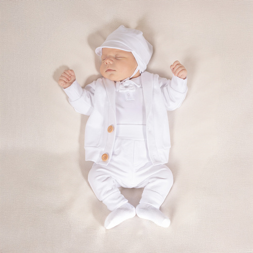 169399 Komplet chrzcielny czapka, bluza, body i spodnie Nicol - biały