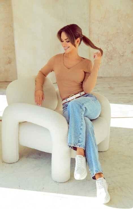 Eleonor Eldar Active beżowa –bluzka damska z prążkowanej wiskozy, długi rękaw