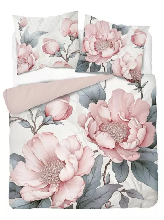 5428 A Pościel 3D z mikrofibry z różowymi piwoniami i szarymi liśćmi – Detexpol