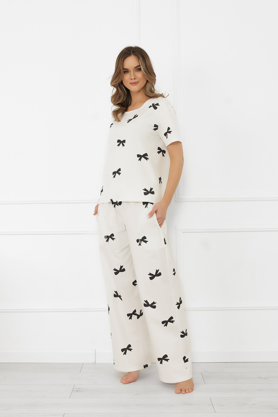 Piżama damska Figaro – ecru, bawełna, krótki rękaw + długie spodnie Italian Fashion