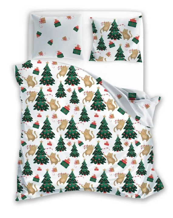 Holly Jolly 005 Pościel świąteczna Faro biała zielona choinki – satynowa mikrofibra, komplet z zamkiem błyskawicznym