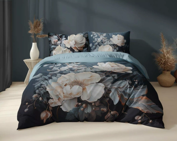 5131 A Pościel bawełniana Holland Detexpol iemna z beżowo-kremowymi piwoniami – 100% bawełna, dwustronna, polska produkcja