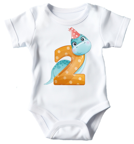SKU A029 "Urodziny Dino 2 latka" Body krótki rękaw Moocha biały