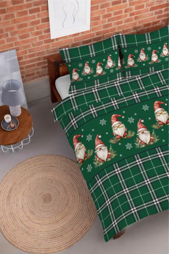 5622 B Magia Świąt Pościel flanelowa świąteczna Detexpol zielona w kratę ze skrzatami i śnieżynkami – bawełna 100%, 160 g/m², zamek, OEKO-TEX®