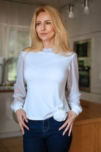 Mirale Freya Bluzka Damska Wiskozowa Tiulowe Rękawy Stójka Elegancka- ecru