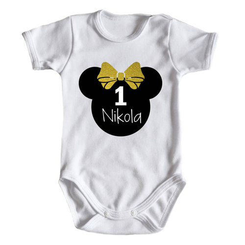 Body krótki rękaw na roczek dla dziewczynki z myszką Moocha złoty