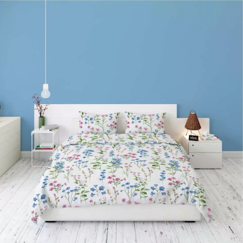 5634 A Pościel flanelowa Pastel Flowers Detexpol biała w polne kwiaty niebiesko-różowe– ciepła, miękka i elegancka