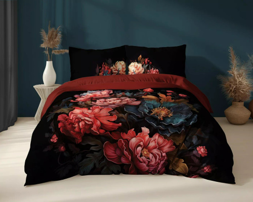 5116 A Pościel bawełniana Holland Detexpol czarna z motywem piwonii– 100% bawełna, dwustronna, polska produkcja