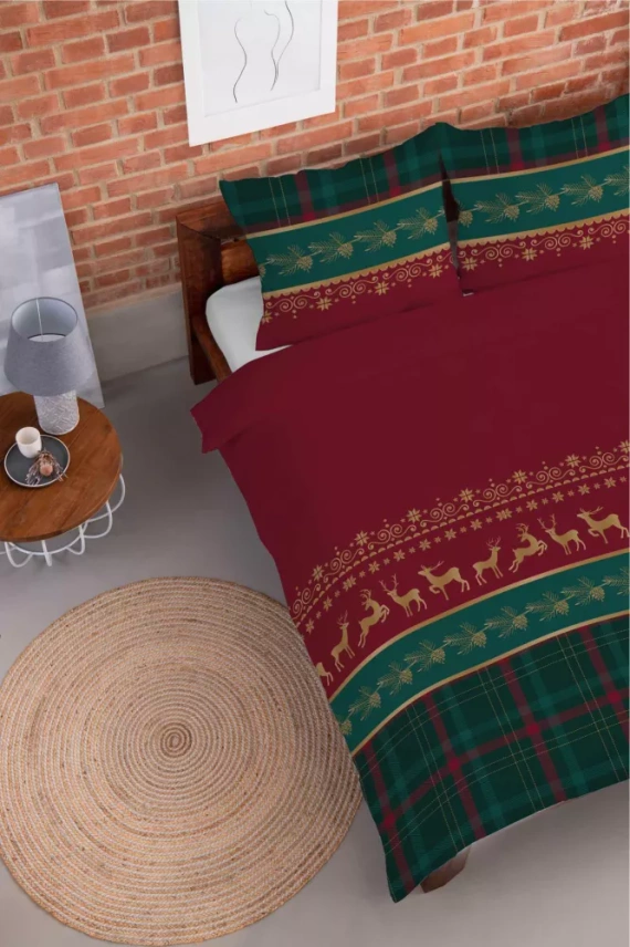 5620 B Magia Świąt Pościel flanelowa świąteczna Detexpol czerwona z reniferami i kratą– bawełna 100%, 160 g/m², zamek, OEKO-TEX®