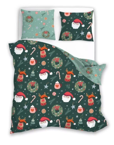 Holly Jolly 006 Pościel świąteczna Faro biała zielona choinki – satynowa mikrofibra, komplet z zamkiem błyskawicznym