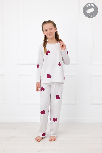 Italian Fashion Kioga Piżama dziewczęca Mega Soft długa ecru serca