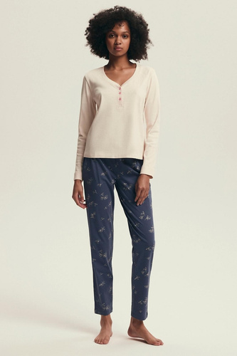 Piżama damska 43698 Delanie Henderson kremowa – bawełna, długi rękaw, elegancki fason