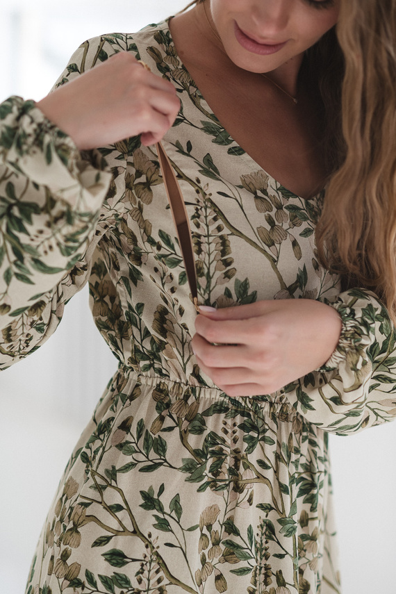 Lovely Dress Midi Milk&Love w zielone kwiaty– sukienka ciążowa i do karmienia z lnem, elegancki krój z zamkami do karmienia