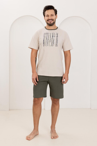 Piżama Męska 500 Regina beżowa – 100% Bawełna, Krótki Rękaw + Spodenki, Lekka i Wygodna na Lato