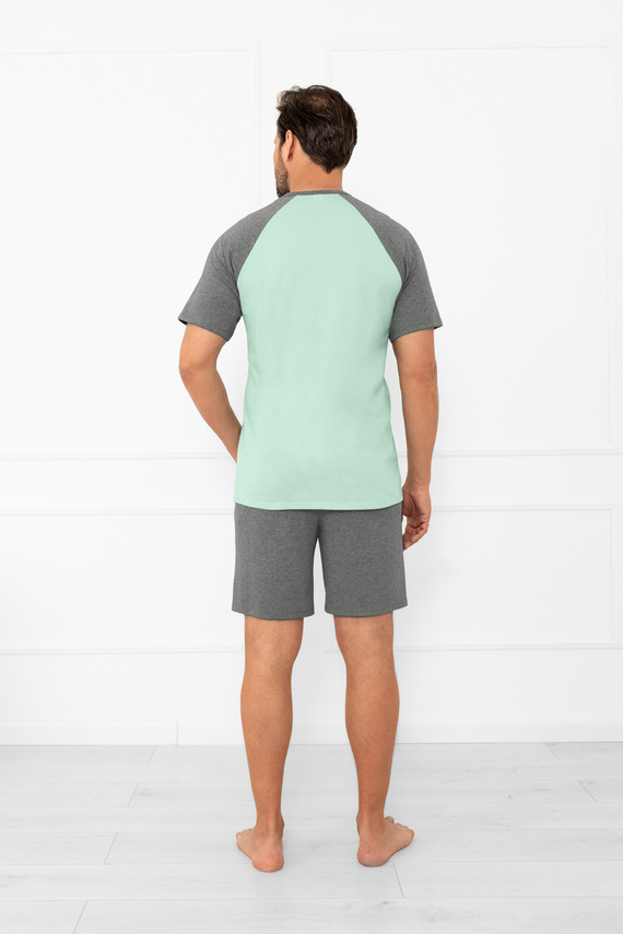 Piżama męska Aleksander Italian Fashion – krótki rękaw i krótkie spodenki, 100% bawełna - szałwia/melanż 