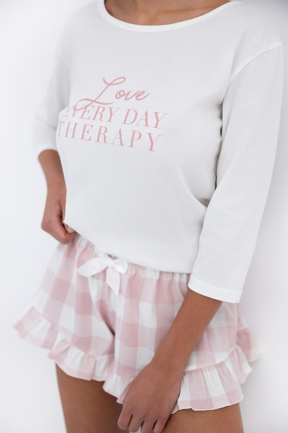 Emily Sensis – Piżama damska z bawełny | Koszulka 3/4 i szorty w kratkę z falbanką