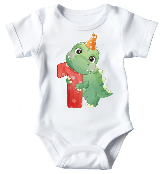 "ROCZEK dla chłopca, dinozaur jedynka" Body krótki rękaw Moocha biały