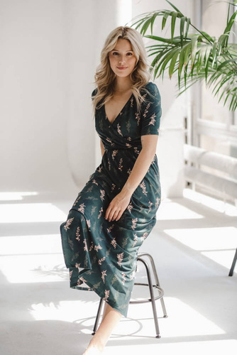 Sukienka ciążowa i do karmienia Two Ways LONG Milk&Love butelkowa zieleń w gałązki