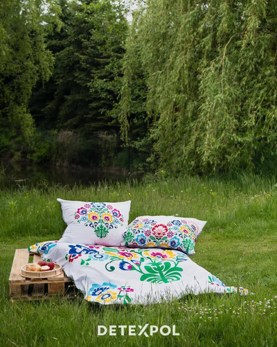 3612 A Pościel bawełniana Łowicka wycinanka kwiaty kurpiowska Detexpol biały/szary