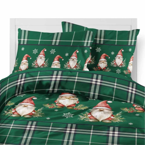 5622 B Magia Świąt Pościel flanelowa świąteczna Detexpol zielona w kratę ze skrzatami i śnieżynkami – bawełna 100%, 160 g/m², zamek, OEKO-TEX®