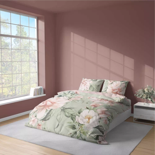 5308 A Pościel z mikrofibry kwiaty Detexpol oliwkowy/różowy