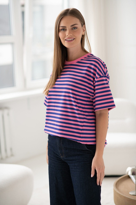 Mamahood T-shirt ciążowy i do karmienia Milk&Love różowo-niebieskie paski – wygodny i stylowy