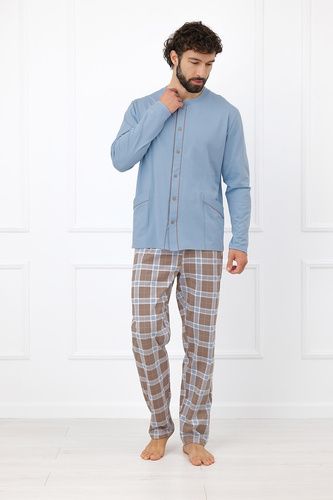 Italian Fashion Wilhelm Piżama Męska 100% Bawełna Guziki Krata - stalowy