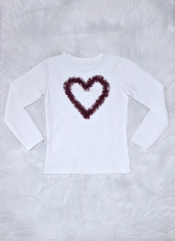 Bluzka dziewczęca Mia Bambarillo ecru bordowe serce– bawełniana z tiulowym sercem