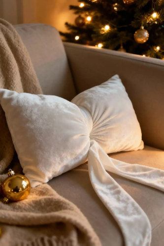 Poduszka świąteczna Kokarda 40x23 Spod Igły i Nitki – biała poduszka z weluru velvet, certyfikat Oeko-Tex