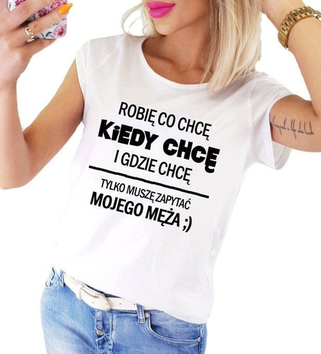 "Muszę zapytać męża" koszulka damska Moocha biały