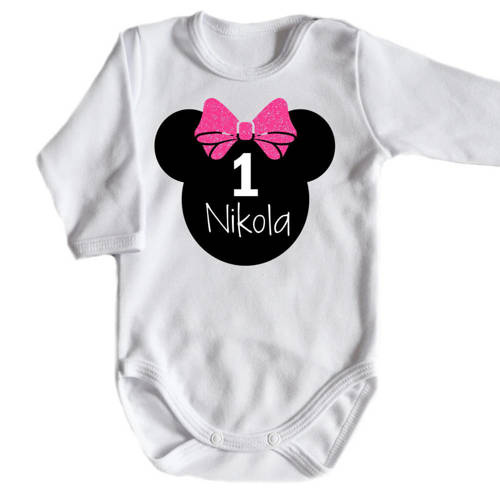 Body długi rękaw na roczek dla dziewczynki z myszką Moocha różowy