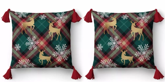 5381 A Poszewka świąteczna dekoracyjna Christmas Deco Detexpol renifery i śnieżynki na tle kratki- zamek błyskawiczny