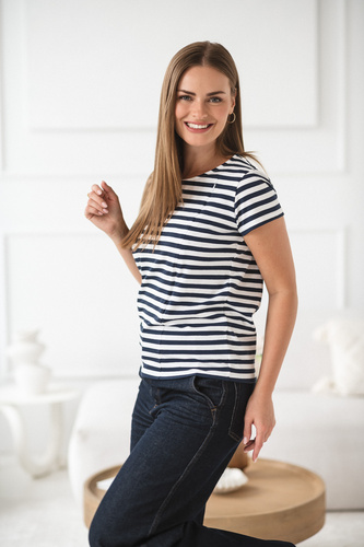 MamaFlow Milk&Love granatowy – bawełniana bluzka dla karmiącej mamy z krótkim rękawem, paski