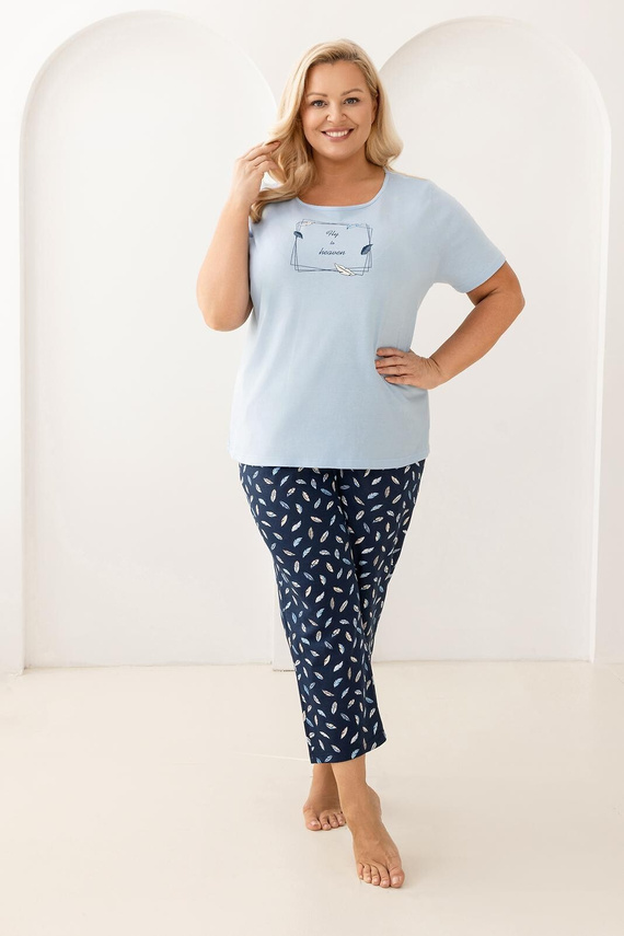 733 Piżama Regina niebieska– bawełniana, z krótkim rękawem, półokrągły dekolt, nadruk z przodu