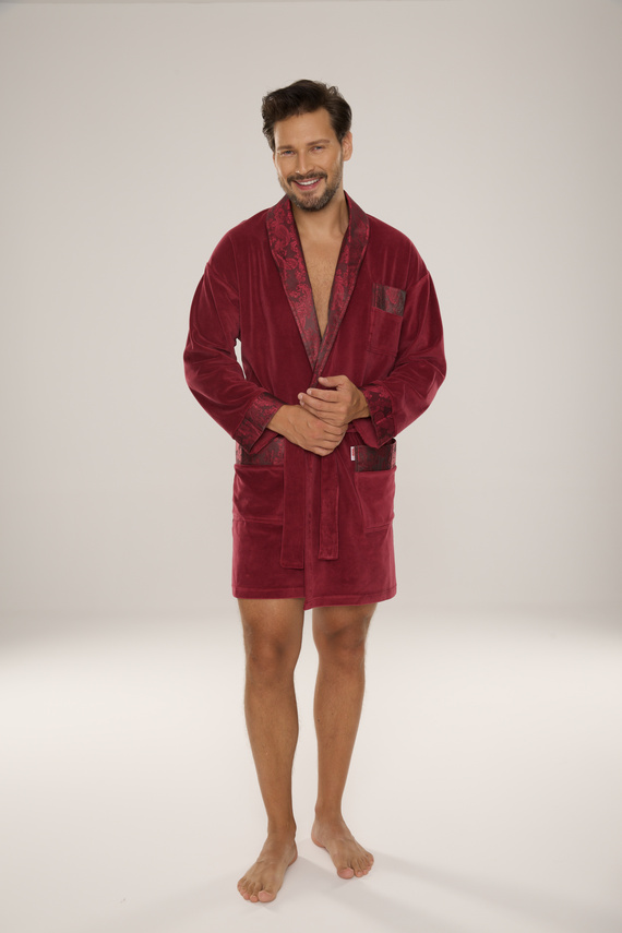 866 Noble Szlafrok męski welurowy De Lafense – krótki, elegancki, bawełna - burgund