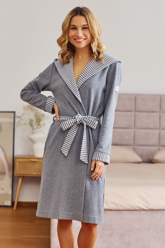 7229 Szlafrok damski Doctor Nap – bawełna, kaptur, eleganckie wykończenia - dark grey